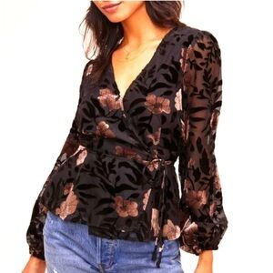 ASTR Floral Wrap Top - Black and Brown